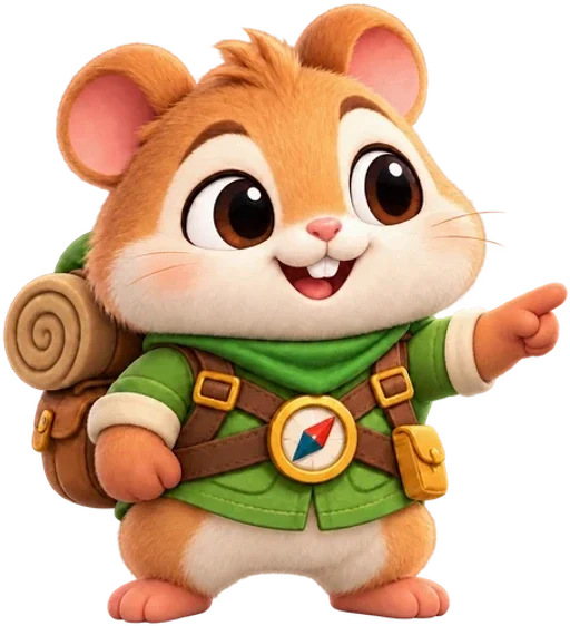 Pip, Arrowline’s orange hamster explorer, pointing the way